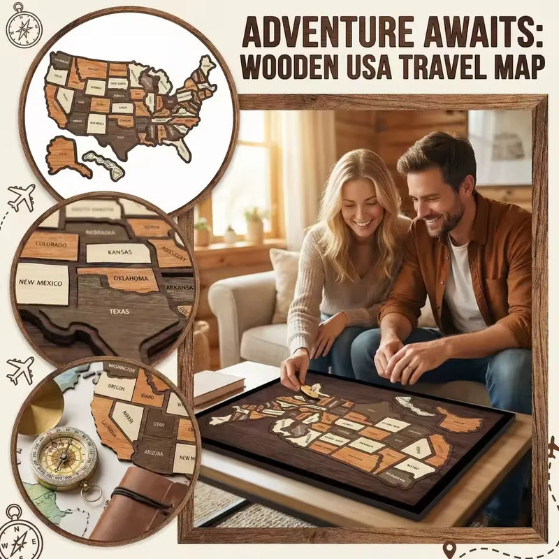🔥Limited Time 49% off🔥 – USA Wooden Travel Map Puzzle for Adventure Lovers